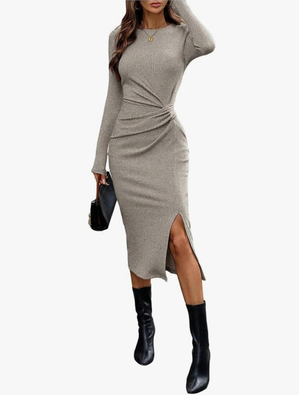 Long Sleeve Bodycon Dress Twist Front Split Going Out Midi Dress